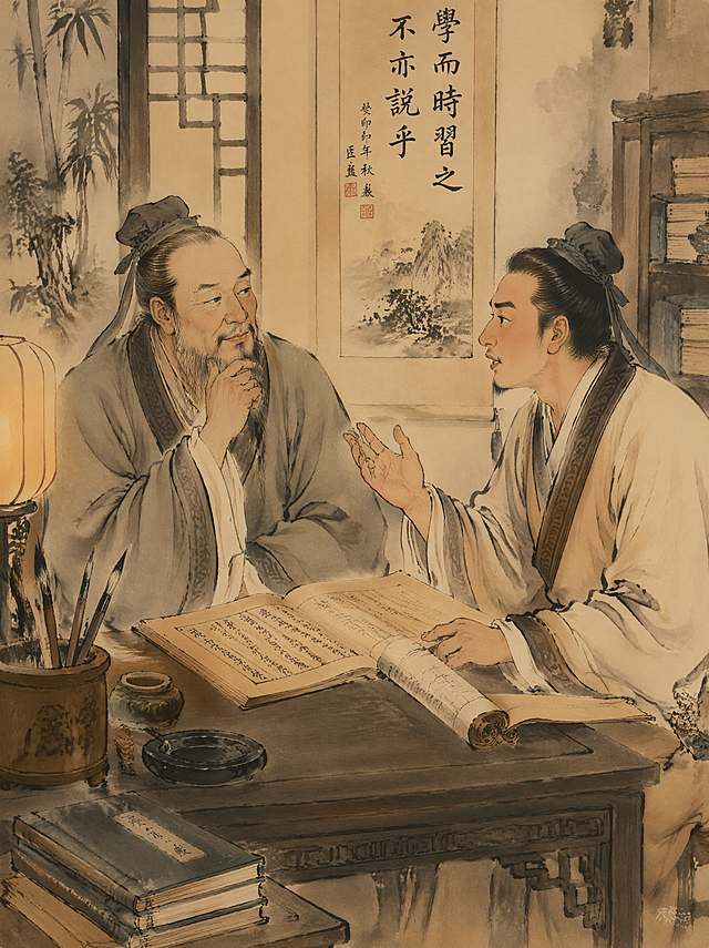 Two ancient Chinese scholars discussing texts in a traditional study, elder scholar with thoughtful expression, younger scholar speaking earnestly, classical Chinese ink painting style, warm indoor lighting