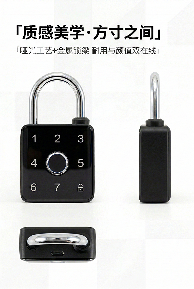 2:3竖屏，电商详情图，杂志风精致排版，极简科技风格，整体视觉与首屏统一无割裂感。严格还原上传的产品图，包括包装设计、颜色、LOGO位置、文字内容、图案元素等所有细节；产品外观必须与参考图完全一致，不得改变包装设计、配色方案或品牌元素；保持产品的真实材质质感（哑光/高光/磨砂/金属等）。画面采用左右分栏布局，左侧30%为文字区，右侧70%为产品展示区。左侧主标题（加粗无衬线字体，黑色）：「质感美学·方寸之间」，副标题（纤细无衬线字体，深灰）：「哑光工艺+金属锁梁 耐用与颜值双在线」。右侧展示产品正、侧、俯三个角度的高清组合图，锁体哑光黑的细腻质感、金属锁梁的高光镀铬质感、数字按键的光滑触控质感清晰还原，背景为纯净白搭配浅灰几何底纹。中文文字统一为思源黑体无衬线字体，排版采用左对齐方式，文字与产品图视觉平衡，高级且信息清晰。