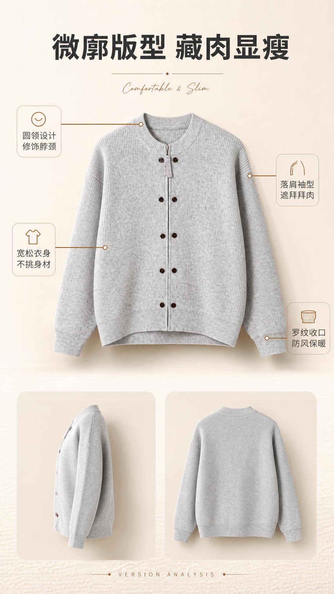[商品] 使用【图1】浅花灰色双排扣半拉链针织开衫；商品处理：… - 图片创意预览