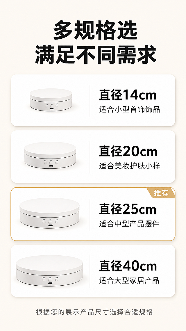 [第6屏] 规格选择展示-白色哑光电动旋转转盘多尺寸规格选择页。
[氛围/风格] 清晰规格矩阵，简约干净，浅暖米色背景，专业选型展示质感。
[元素布局] 页面顶部是大标题，下方是四行规格参数矩阵，每行展示一个直径规格选项，包含直径尺寸、适配场景，矩阵排版整齐，清晰易读。整体布局稳定，顶部标题，中部规格矩阵，底部简单提示文字。
[光影质感] 整体均匀布光，矩阵区块清晰，文字明暗对比适中，便于手机端识别阅读，无过曝和死黑区域。
[配色色系] 全局底色：#f8f5f0（浅暖米）；规格卡片背景：白色；选中规格卡片浅金色标注；文字：深黑色，和整套详情页配色统一。
[视角构图] 纯信息排版，矩阵规格整齐排列，符合移动端从上到下选型阅读顺序，分区清晰。
[文字版式] 页面顶部黑色粗体大标题：「多规格选 满足不同需求」，规格矩阵四行，分别标注：直径14cm 适合小型首饰饰品；直径20cm 适合美妆护肤小东；直径25cm 适合中型产品摆件；直径40cm 适合大型家居产品；底部浅灰色提示文字：「根据您的展示产品尺寸选择合适规格」，所有文字清晰，大小适合移动端阅读。
[比例分辨率] 9:16竖版比例，4K分辨率，文字清晰可辨，超高清。
[负向提示词] 排版错乱，文字过小，颜色对比差，背景杂乱