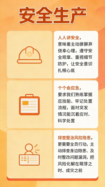 参考图的橙黄色配色和风格，整体改成竖向排列，三个栏目从上到下排布，每个栏目前放置一个极简安全生产相关图标，不要有人物，图标保持简单，然后放置对应完整文案，标题安全生产放顶部，整体竖向排版，风格保持一致预览效果