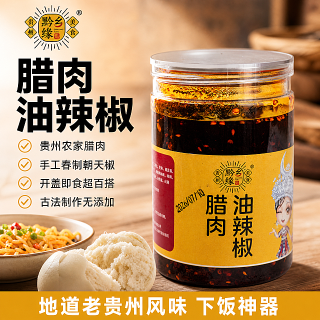 [单张主图]贵州黔乡缘腊肉油辣椒，爆款促销感主图，用于淘宝天猫平台1:1电商主图，突出食欲感与产品卖点。
[画面主体] 透明瓶装腊肉油辣椒居中摆放，占画面约60%，保持产品外观、包装样式、标签颜色、品牌Logo与输入产品图完全一致，无变形无偏差，瓶内油辣子色泽浓郁诱人，辣椒籽颗粒清晰可见，商品主体清晰突出。
[构图版式] 采用左文右品标签参数型版式，左侧38%区域放文字信息，右侧放置产品主体，整体信息层级清晰，不遮挡产品关键位置。
[场景元素] 背景使用深棕渐变木质厨房台面，左下角搭配切开的馒头和一小碗面条作为食用场景道具，浅原木色台面，自然干净，不抢产品主体注意力。
[文案版式] 左上区域粗黑大字主标题分两行："腊肉油辣椒"，字号最大粗体无衬线，标签提取产品黄色作为主色；下方四个卖点标签竖排排列，每个卖点一行短句，分别是："贵州农家腊肉"、"手工舂制朝天椒"、"开盖即食超百搭"、"古法制作无添加"，每个卖点配一个圆形浅色勾选标签，字号为主标题的三分之一，清晰易读；底部高饱和黄棕色通栏放置服务提示："地道老贵州风味 下饭神器"，文字居中白色，收口信息。产品原有品牌Logo提取放置在画面左上角安全区，保持原有字形和配色不变。
[光影质感] 自然暖光从左侧斜射，模拟厨房自然光，瓶身油体通透，油光反射自然，阴影柔和，产品清晰真实，商业摄影质感，画面干净高级；背景浅景深虚化，突出主体。
[配色字体] 主色提取产品包装黄色+棕红色，辅助色浅木色，文字采用深棕/白色对比，保证清晰可读性；主标题用粗黑无衬线字体，卖点用清晰细黑体，对比分明。
[比例分辨率] 1:1比例，文字清晰锐利可辨，超高清商业摄影质感。
[负向提示词] 变形，文字错乱，产品图模糊，背景杂乱，水印，电商平台Logo，错字，主体遮挡，低清晰度。