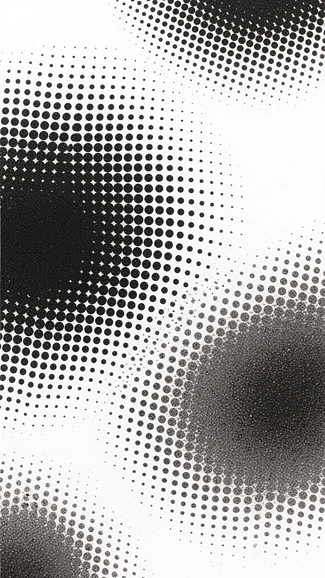 一张黑白波普艺术风格的背景图，由大量均匀分布的黑色小圆点组成，圆点大小一致，排列形成细腻的网点质感。背景为纯白色，黑色网点以不规则的密度分布，部分区域网点密集形成深灰色调的斑驳效果，整体呈现出柔和的渐变层次和颗粒感，营造出简约、复古且具有印刷质感的视觉氛围，画面干净整洁，无任何文字或图案元素。