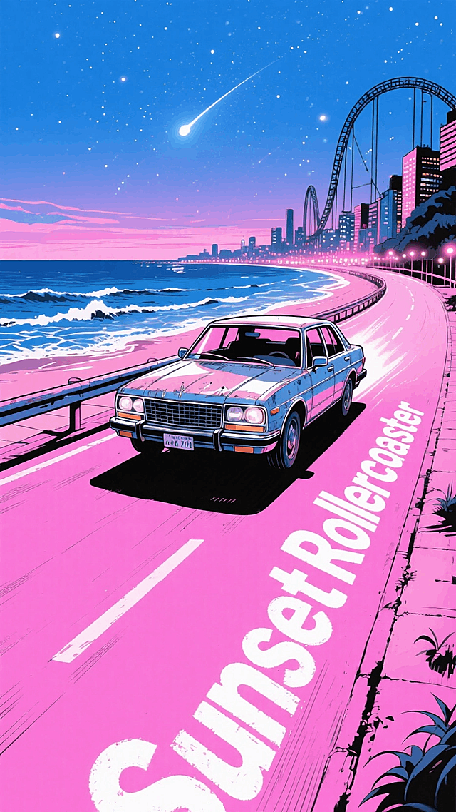 复古汽车开在海边公路，远方有星空、海浪、城市，蓝粉色调，公路上写着英文“SunsetRollercoaster”，迷幻感