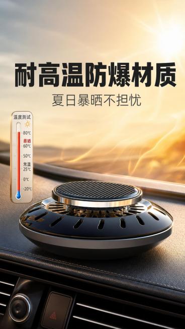 产品置于夏日高温暴晒车内场景，搭配温度测试示意，突出材质耐高温防爆无安全隐患。第十二屏排版：主文案居中放大，文字粗黑，内容为"耐高温防爆材质"；副文案在主文案下方，文字纤细颜色浅一度，内容为"夏日暴晒预览效果