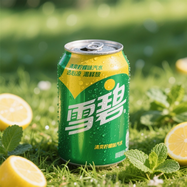 一罐冰镇雪碧汽水，绿色与黄色渐变的经典罐身，表面凝结着晶莹水珠，罐身上有白色的“雪碧”中文字样和“清爽柠檬味汽水”“透心凉 渴释放”字样，置于一片夏日阳光下的青草地背景中，周围散落着几片新鲜柠檬片和翠绿的薄荷叶，背景虚化处理，突出主体雪碧罐，整体保持明亮清新的色调和写实的质感。预览效果