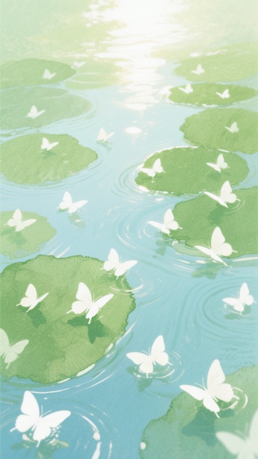 柔和的水彩风格背景，以淡绿色和浅蓝色为主色调，呈现出清澈透明的晕染效果。画面中分布着不规则的绿色色块和水纹状纹理，仿佛阳光下的水面倒影。大量白色蝴蝶轻盈地散布在整个画面中，形态优美，翅膀细节精致。整体光影明亮柔和，顶部有明显的高光区域，营造出宁静、清新、梦幻的氛围。色彩过渡自然，笔触细腻，充满水彩特有的流动性和朦胧美感。预览效果