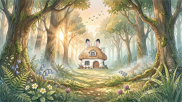 准确还原兔子耳朵造型的蘑菇屋外形，参考第二张图的正面平视镜头角度，创作16:9宽幅蘑菇屋室外场景图：清晨森林，阳光穿透树木洒下斑驳金光，氛围神奇温暖，远处林间有一座小型兔子屋，雾气轻轻缭绕，草叶挂着晶莹露珠，天空有飞鸟，保持柔和治愈儿童水彩插画风格，柔和水彩质感，梦幻朦胧背景，2K分辨率
