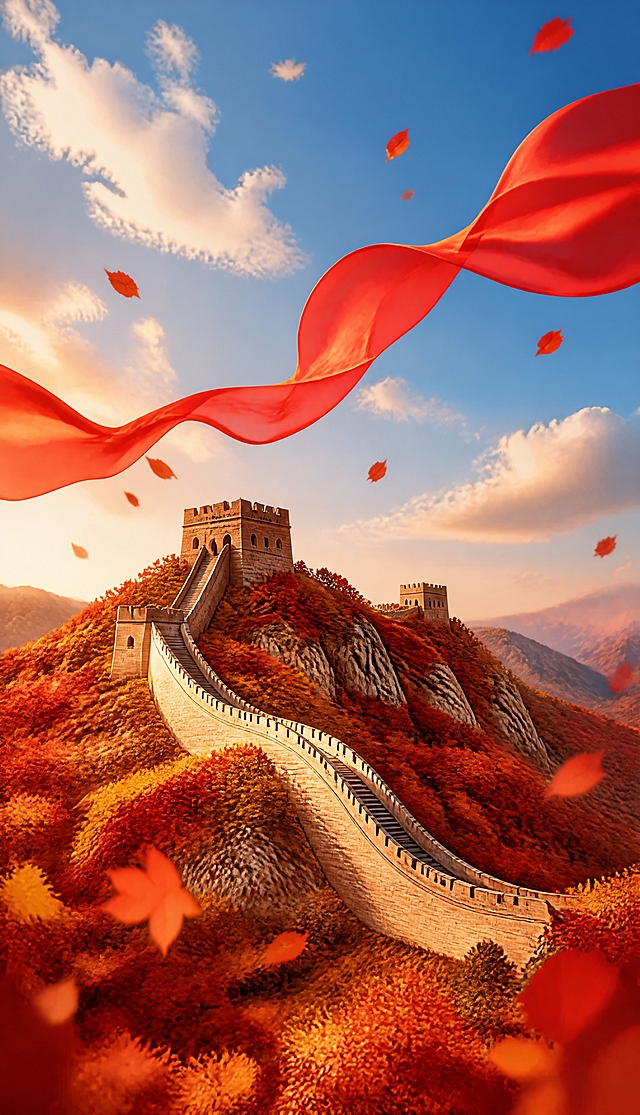 去除所有中秋元素（月亮、玉兔、桂花枝），去除所有楼房建筑（现代高楼大厦、中式古建筑楼阁、亭子、飞檐），只保留万里长城与国庆氛围：秋日红叶山峦间的万里长城，蓝天白云，飘扬的红色绸缎，飘落的红叶，喜庆热烈的国庆节氛围，红金配色，庄重大气。