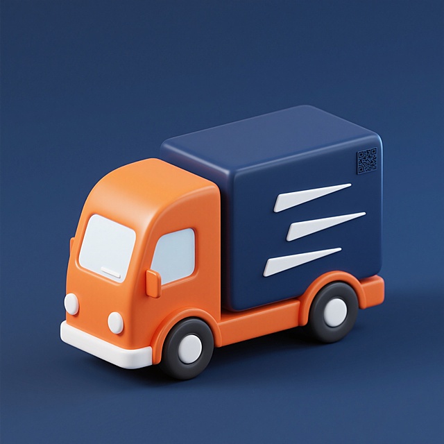 一个以深蓝色为纯色背景的3D风格物流卡车图标，卡车主体为亮橙色，车轮和车窗为白色，车身后部有三条白色速度线以表现动态感，整体采用圆润的几何造型，表面有轻微的光泽质感，简洁现代的设计风格，没有任何文字和二维码。