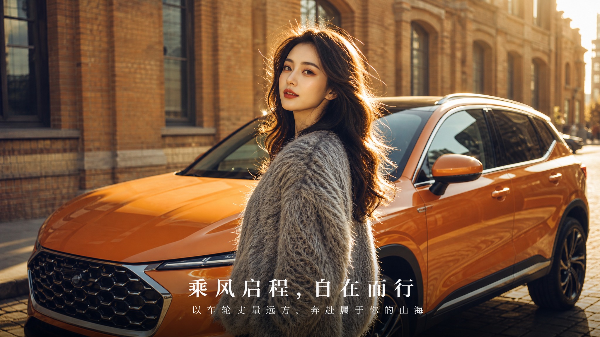 汽车商业广告海报，横版16:9，画面主体为一位时尚年轻的长发女… - 图片创意预览
