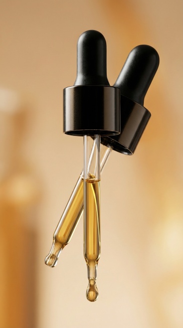 根据这个产品的特征帮我生成流线型瓶、滴管工艺、标签特写预览效果