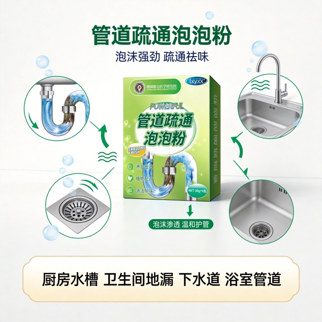 设计类型：电商主图・爆款卖点型
设计风格：简约清爽、强效清洁、家居实用
主体：管道疏通泡泡粉产品、管道、水槽、地漏示意
装饰元素：泡沫气泡、清洁波纹、疏通箭头、洁净图标
色调：绿白为主、干净明亮、专业预览效果