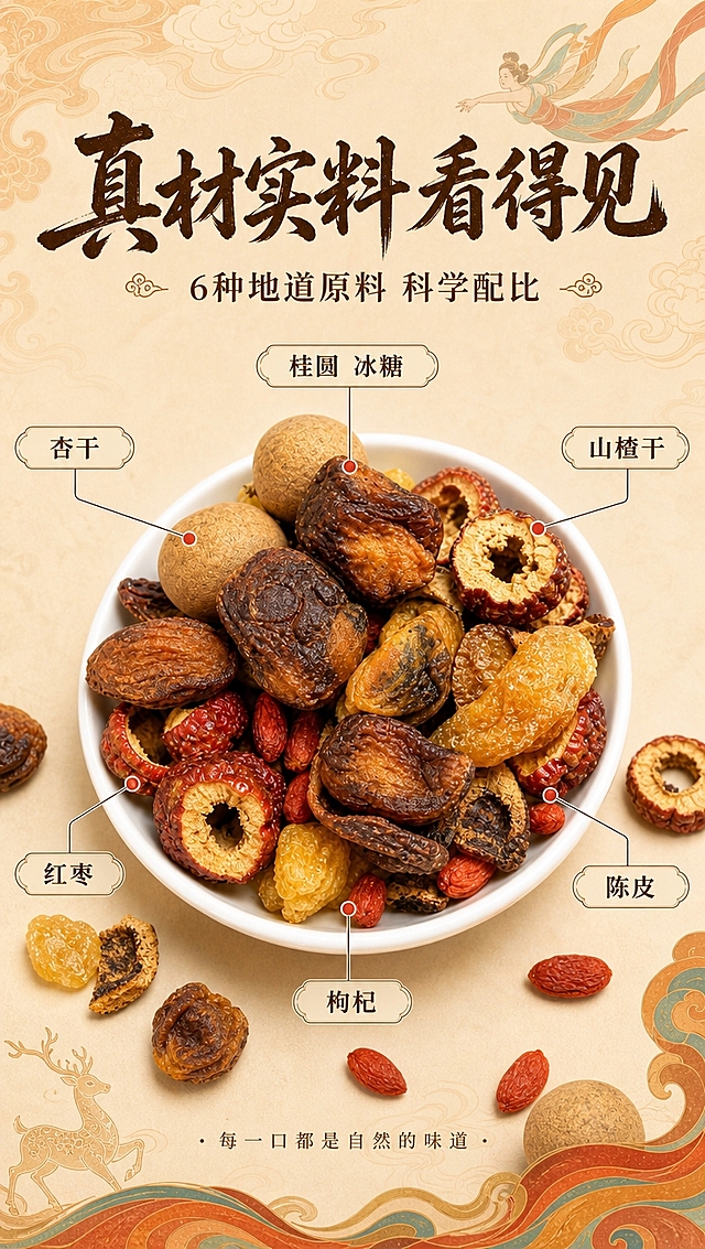 [商品] 使用【图1】【图6】杏皮茶原料实拍图；保留白色碗中各种原料的真实形态、颜色、质感：杏干、山楂干、红枣、枸杞、陈皮、桂圆、冰糖等；保留【图6】中的原料标注逻辑与种类；商品处理：保留原料真实原貌，增强原料色泽与质感，让每一种原料清晰可辨，去除画面瑕疵，不改变原料形态与颜色。
[画面] 目标：真材实料成分展示，6种地道原料科学配比；构图：中心原料碗+四周引线标注，上方标题区；主体位置：画面中心，满满一碗原料特写；主体占比：原料碗约占画面50%，原料元素整体占画面≥60%；景别：微距特写；前中后景：前景碗中原料满铺、中景碗的边缘与散落原料、后景浅米色敦煌纹样暗纹背景；场景：俯拍视角，白色瓷碗装满各种干果原料，碗边散落几颗原料，背景淡雅带敦煌祥云暗纹，突出原料本身。
[视觉] 套系策略：风格=国潮敦煌风商业美食摄影；标题字=国风书法粗体，带笔锋韵味；正文字=简洁宋体/无衬线体；主色=暖橙杏黄色；背景延展=基于暖橙杏黄做深浅渐变、同色系晕染，融入敦煌飞天飘带、祥云、九色鹿等文化元素做暗纹与装饰；强调色=朱砂红，仅用于小面积图标、引线、标签点缀；标题色=深棕褐色；正文色=暖棕褐色；组件=圆角米黄底信息卡、细线引线、敦煌纹样装饰边框；光影=顶部均匀柔光，原料细节清晰，色泽自然饱满。
[文字] 顶部居中主标题："真材实料 看得见"，副标题："6种地道原料 科学配比"；从碗中各原料引出细线标注："杏干"、"山楂干"、"红枣"、"枸杞"、"陈皮"、"桂圆 冰糖"；每个标注文字清晰，引线不交叉；底部小字说明："每一口都是自然的味道"；文字均为横排。
[规格] 图片比例9:16竖版，4K分辨率，避免变形、错字、文字过小、冷色调、原料颜色失真、虚假功效承诺。