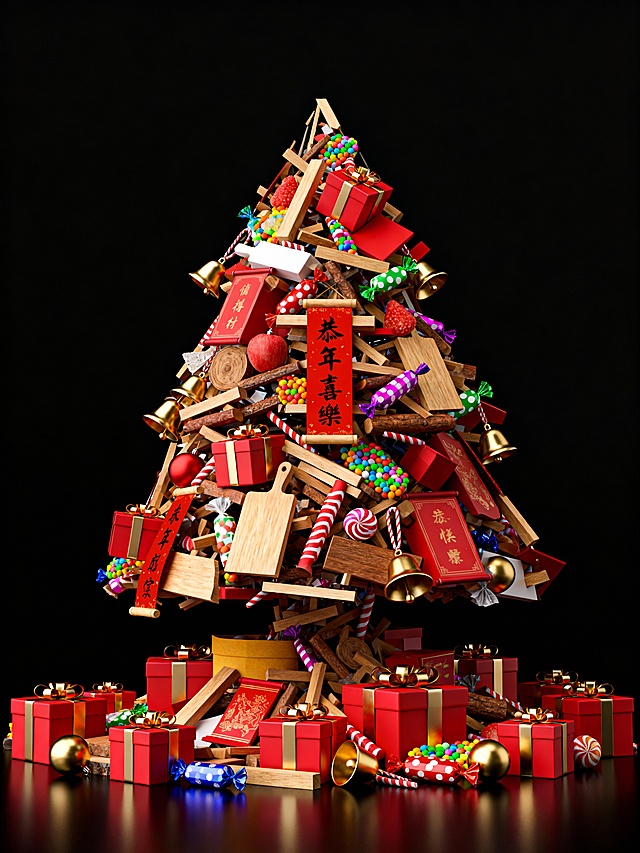 3D重拟物风圣诞树，融合木雕、金属与鎏金元素，极繁主义拼贴中式喜庆符号，红金撞色彰显节日欢愉。