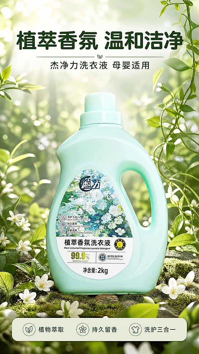 [商品] 使用【图1】杰净力植萃香氛洗衣液浅绿色2kg瓶装；保留瓶身形状、提手、瓶盖、标签图案、Logo、"杰净力""植萃香氛洗衣液""99.9%""净含量:2kg"等所有瓶身文字与花卉油画图案；商品精修处理，去除瓶身轻微灰尘与杂色，让浅绿色更均匀通透，标签文字清晰锐利，不改变瓶体结构和比例。
[画面] 目标：头图海报，突出植萃香氛与母婴温和的森系定位。上下构图，产品位于画面中下偏中心，占画面约55%，瓶身正面微侧45度，立放在森系自然场景中。前景是散落的白色小花与嫩绿叶片，中景是产品，背景是虚化的森林光斑、柔和阳光与植物藤蔓，营造清新森系氛围。顶部留白放主标题与副标题，底部放短卖点信息条。阅读动线从上到下。
[视觉] 套系策略：风格=清新森系商业摄影风，自然柔光，高级质感；标题字=圆润黑体粗体；正文字=简洁无衬线黑体；主色=柔和浅绿（薄荷绿/鼠尾草绿）；背景延展=基于浅绿做深浅层级渐变，融入森林绿植、白花、阳光光斑等自然元素；强调色=奶白色+浅金色，仅用于小面积图标、引线、标签和高光；标题色=深森林绿；正文色=中灰绿；组件=圆角浅绿信息卡、细线绿叶图标、胶囊标签；光影=左前侧柔和自然光，带森林丁达尔光斑效果。
[文字] 顶部主标题"植萃香氛 温和洁净"，副标题"杰净力洗衣液 母婴适用"，底部信息条3个短卖点："植物萃取""持久留香""洗护三合一"，文字横排，不遮挡瓶身主体标签区域。
[规格] 图片比例9:16竖版，4K，负向提示：避免变形、错字、文字过小、瓶身颜色改变、结构失真、冷蓝灰背景、夸张污渍、绝对化用语、二维码、平台Logo。