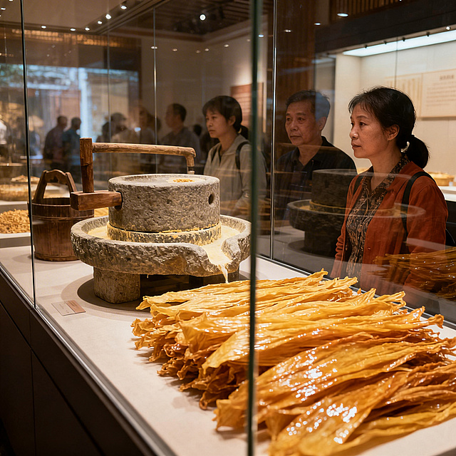 展示客家腐竹非遗旁观者的场景：玻璃展柜中陈列着客家腐竹非遗的传统石磨工具和干腐竹成品，游客隔着玻璃观看，没有互动，氛围安静，人物神情平淡，写实风格，暖色调
