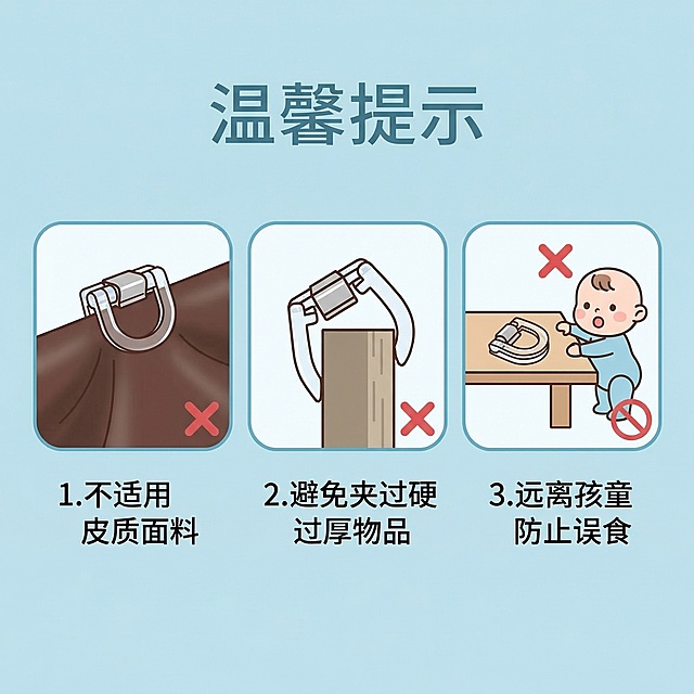 裤脚夹详情图-使用注意事项，简约实用风格。画面用图标+文字的形式展示三个注意点：1. 不适用皮质面料 2. 避免夹过硬过厚物品 3. 远离孩童防止误食。背景为浅蓝色，搭配可爱小图标，文字清晰易读。顶部文案“温馨提示”，文字不遮挡内容。1:1比例 2k分辨率，产品外观和上传的裤脚夹完全一致