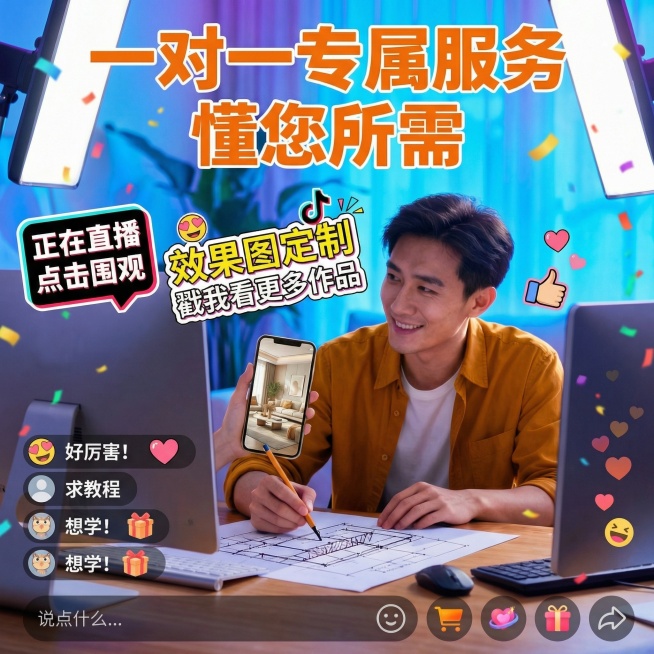 抖音个人作品风格，效果图制作服务宣传图，画面是设计师在直播展示效果图制作过程，屏幕上有"正在直播 点击围观"的抖音风格贴纸，风格热闹有互动感，色彩鲜亮活泼预览效果