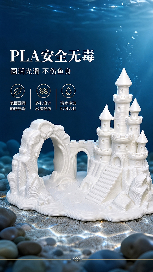 [商品] 使用【图1】白色城堡鱼缸躲避屋进行图生图；保留四座高低错落塔楼、尖锥塔顶、垛口、拱形窗洞、左侧天然岩拱通道、阶梯入口与波浪形底座，纯白PLA材质、细腻层纹与圆润边缘；清理原图黑色背景残留，强化材质质感与水下光影融合，不改变结构、比例、颜色。
[画面] 目标=材质安全建立信任：左文右图构图，左侧约40%留白放标题与三枚香槟金细线图标卖点，右侧城堡半侧特写占55%，聚焦塔身与窗洞边缘的PLA细腻层纹和光滑表面，边缘圆润无毛刺，带有浅蓝水下环境反光；底部一条细金线收口。
[视觉] 套系策略：风格=高级水族造景商业摄影；标题字=白色细宋体粗字重；正文字=浅青白细无衬线；主色=深青蓝到墨蓝；背景延展=水下渐变、水面柔光、细密气泡光斑、浅色细砂与圆润卵石底床；强调色=香槟金，仅用于细线、引线、图标与卡片描边；标题色=白色；正文色=浅青白；组件=香槟金细线图标、细引线、圆角细边小卡片；光影=水族缸顶灯柔光、浅景深、空气感。
[文字] 左侧上方主标题「PLA安全无毒」，副标题「圆润光滑 不伤鱼身」，下方三组小字「表面圆润 触感光滑」「多孔设计 水流畅通」「清水冲洗 即可入缸」，每组配一枚香槟金细线图标，全部横向排版，清晰可读，不遮挡城堡。
[规格] 图片比例9:16竖版，4K分辨率，文字全部横向清晰可读；避免变形、错字、水印、平台Logo、伪Logo、冷灰背景、商品颜色改变、材质失真、结构缺失、主体遮挡、背景杂乱、廉价促销感。
