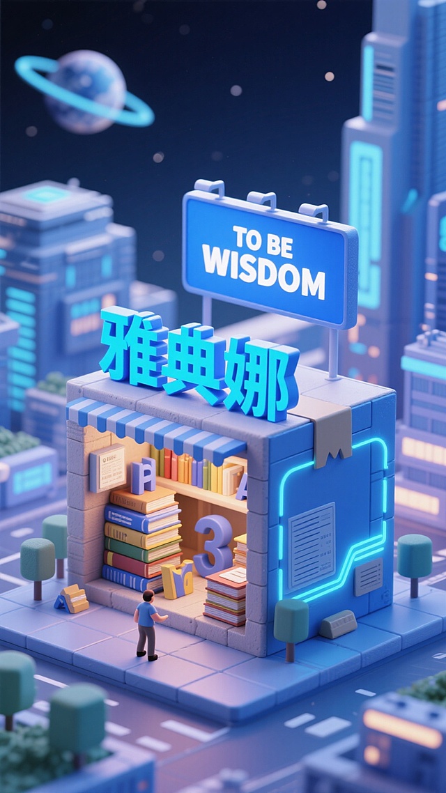 这张海报的主色调为蓝色，背景是充满科技感的未来都市与太空场景相融合。“雅典娜” 以亮眼的蓝色立体字体展示在海报中间，还有一个醒目的 “TO BE WISDOM” 蓝色广告牌在建筑上。海报的主体是一座巨大快递箱形状的建筑，建筑内有：堆叠的书籍、3d英文字母，学习元素。在建筑侧面设置了发光的霓虹线条。低饱和色彩，粘土的质感