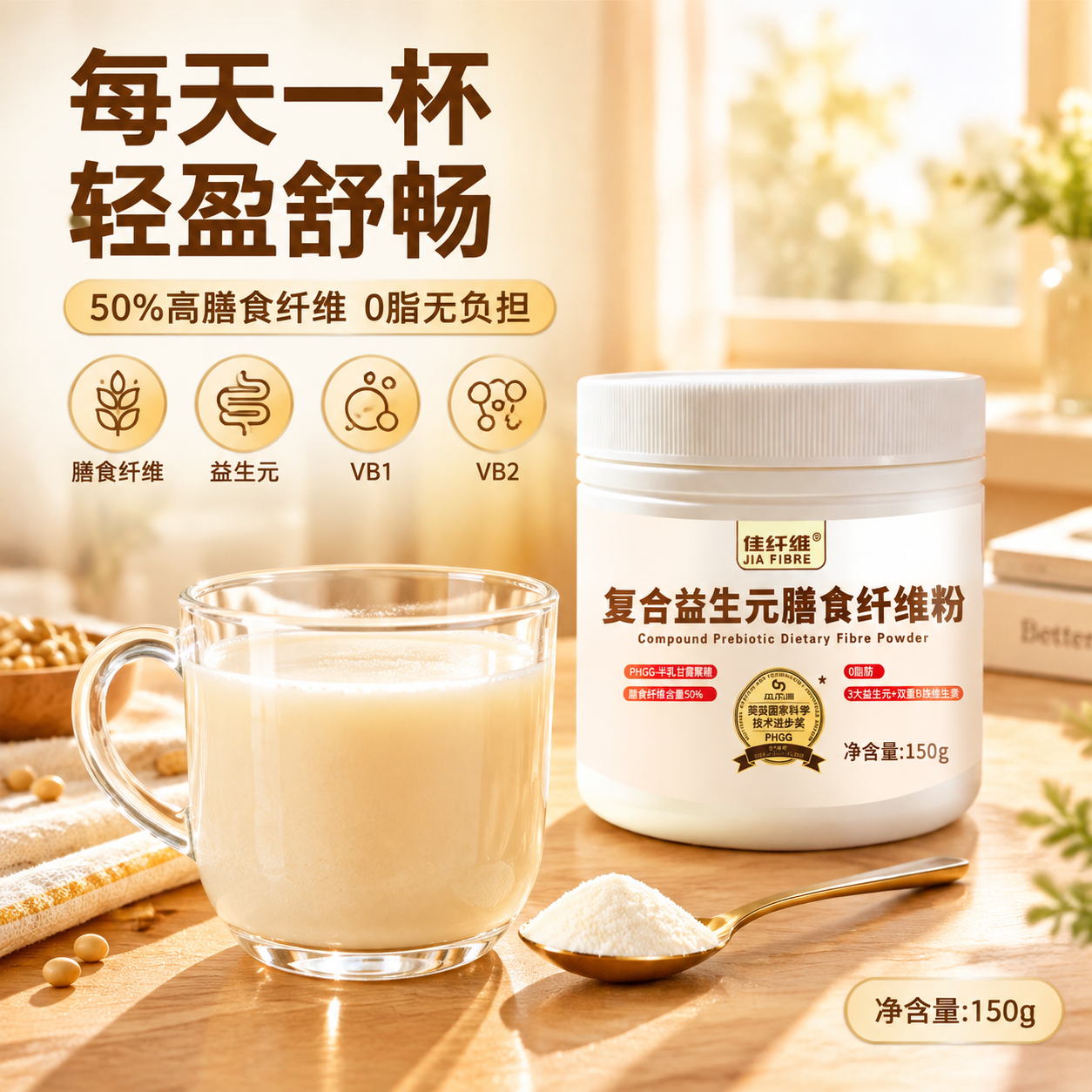 [主图-3] 成分与场景展示，呈现膳食纤维粉的日常使用场景与丰… - 图片创意预览