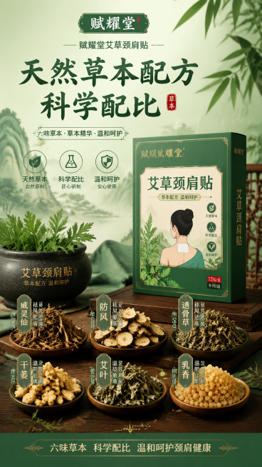 赋耀堂艾草颈肩贴草本成分海报，国风绿色，展示威灵仙、防风、透骨草、干姜、艾叶、乳香六种天然草本原料摆放，旁边放产品包装盒，突出天然草本配方科学配比预览效果