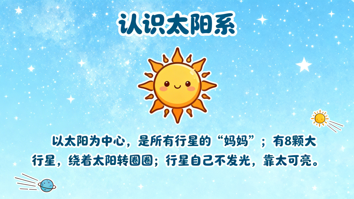 小学生太阳系科普演讲PPT内容页，同系列卡通童趣风格，浅蓝星空背景，搭配卡通太阳图案，顶部标题为"认识太阳系"，下方文字内容：以太阳为中心，是所有行星的“妈妈”；有8颗大行星，绕着太阳转圈圈；行星自己预览效果