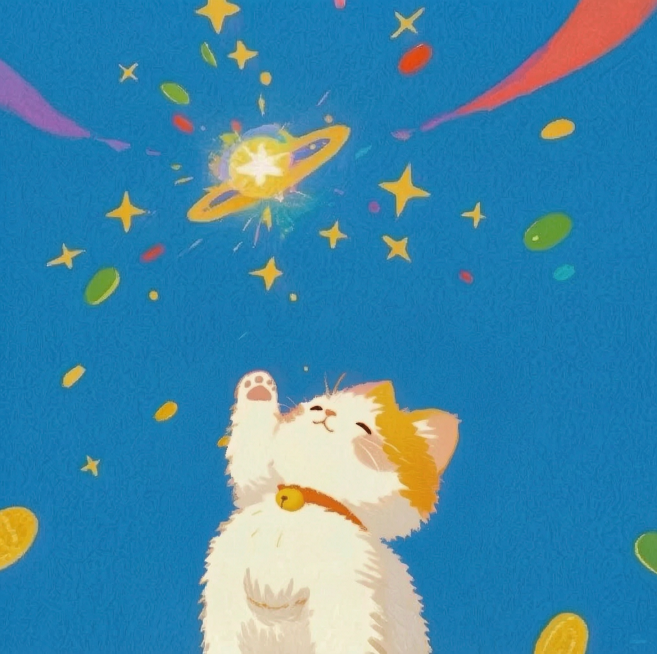 将图片中的猫猫尺寸再缩小一倍，保持原有的蓝色背景、星星、行星等所有元素和绘画风格不变预览效果