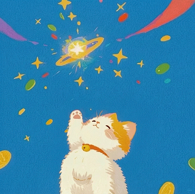 将图片中的猫猫尺寸再缩小一倍，保持原有的蓝色背景、星星、行星等所有元素和绘画风格不变