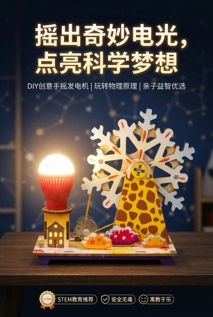 商业级玩具摄影，极简儿童房桌面场景，暖色调氛围光。严格还原上传的产品图，包括长颈鹿图案、雪花齿轮、红色LED灯泡、小木屋、马达细节和色彩等所有细节，尺寸比例保持1:1。 画面正中央放置这款手摇发电机玩预览效果