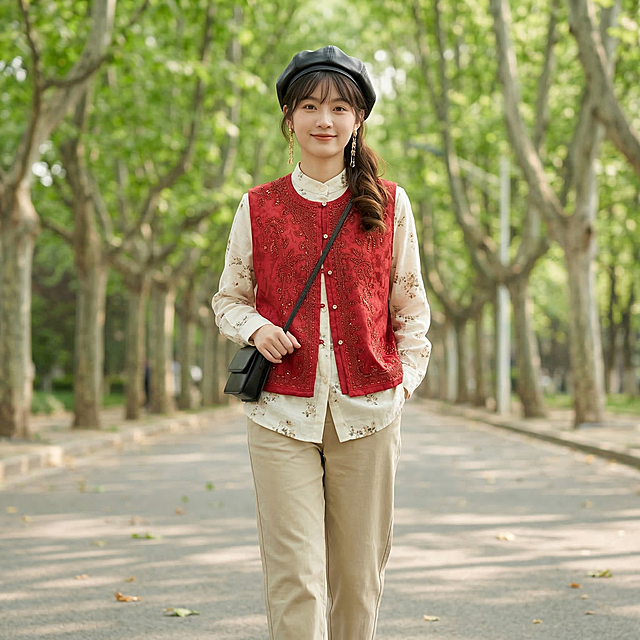 同一个长相甜美的年轻东亚女生，年龄20-25岁，身穿图中这件红色提花烫钻马甲，搭配浅卡其色直筒休闲裤和米白碎花立领衬衫，上衣不塞下装。女生留高马尾，发尾烫出自然弧度，额前留碎刘海，头戴黑色皮质贝雷帽，佩戴金色长款耳环，斜挎黑色小方包。清透自然淡妆，嘴角噙着温柔笑意。女生做自然行走摆拍动作，这是一张全身人物特写图片，从正前方低角度拍摄，背景为春日公园林荫道，两侧是嫩绿梧桐树，地面散落少量落叶。自然柔和的日间散射日光，整体暖调通透，没有生硬阴影，色彩温润自然，人物对焦精准，皮肤质感真实细腻，整体充满松弛慵懒的春日日常感，生活气息浓郁