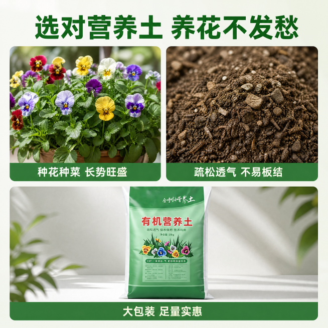 [主图-3] 有机营养土核心优势拼图展示。
[氛围风格] 清晰专业功能展示风；
[画质] 商业摄影质感、光线柔和通透、产品清晰真实、画面干净高级。
[元素] 顶部总标题，中部2+1拼图结构，左上为营养预览效果
