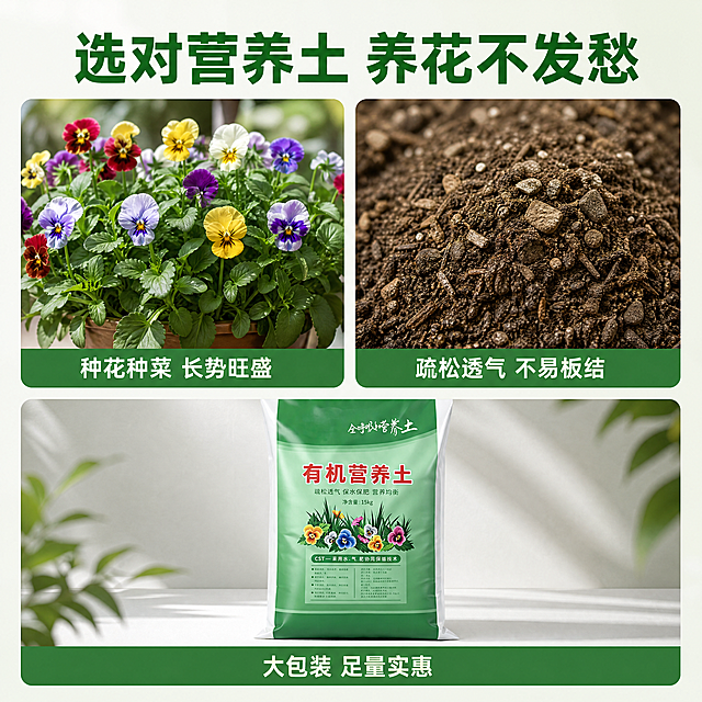 [主图-3] 有机营养土核心优势拼图展示。
[氛围风格] 清晰专业功能展示风；
[画质] 商业摄影质感、光线柔和通透、产品清晰真实、画面干净高级。
[元素] 顶部总标题，中部2+1拼图结构，左上为营养土栽种花卉茂盛效果，右上为营养土透气颗粒特写，下方为产品包装实拍。保持各部分素材与输入产品图外观纹理绝对一致，杜绝任何变形和色差，精细化处理。整体排版工整清晰，每张图片都带圆角边框。
[光影] 统一明亮自然光，每张图光影协调，整体干净通透。
[配色] 绿色自然主调，搭配花卉彩色点缀，清新舒服。
[视角构图] 宫格拼图排版，布局工整均衡，信息层次清晰。
[文字版式] 顶部总标题“选对营养土 养花不发愁”绿色粗体；每张图下方标注1句核心卖点：左上图 “种花种菜 长势旺盛”，右上图 “疏松透气 不易板结”，下方 “大包装 足量实惠”，文字简洁清晰。
[比例分辨率] 1:1 比例，4k 分辨率；文字清晰锐利，画面超高清。
[负向提示词] 变形，水印，文字错乱，产品图模糊，背景杂乱，拼图层次错乱