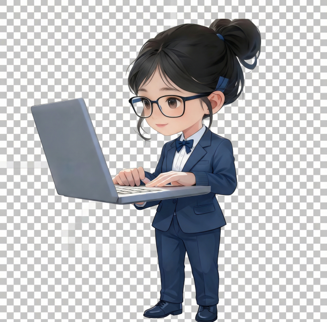 将第一张图的Q版人物完整保留，修改人物全身展示为站立姿势，保持和第二张图一致的透明背景风格，可以直接嵌入PPT使用预览效果