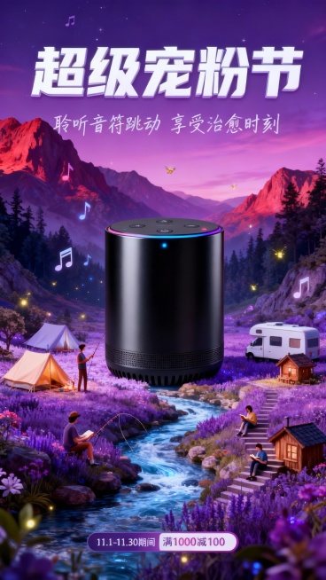 一个巨大的图中主体漂浮在紫色花海与溪流环绕的奇幻山谷中，周围有露营帐篷、房车、小木屋和人物在休闲娱乐，有人在钓鱼、阅读、坐在阶梯上听音乐，空中飘着音符和萤火虫，背景是紫红色山脉与森林，夜空下静谧而浪漫预览效果
