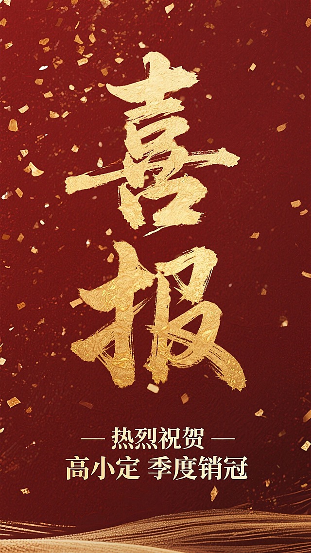 新中式国风风格，暗红色洒金箔背景，大标题鎏金书法体居中”喜报“，底部烫金副标题“——热烈祝贺—— 高小定 季度销冠”