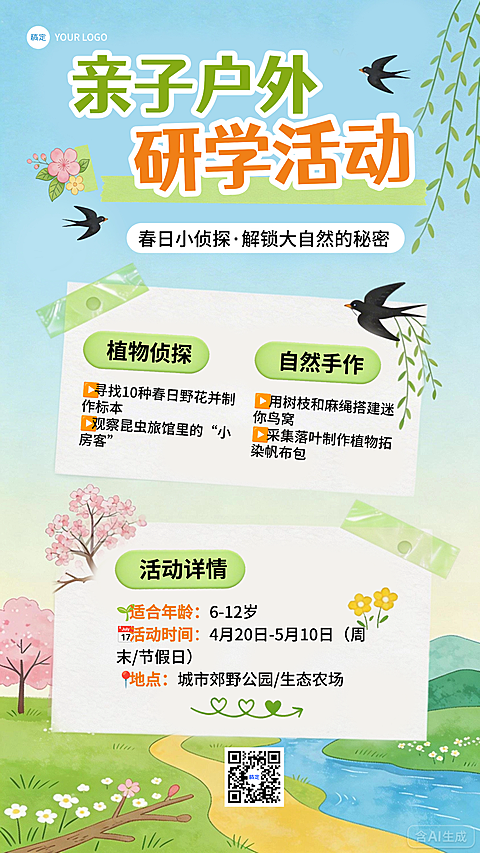 亲子户外春日研学活动宣传手绘手机海报