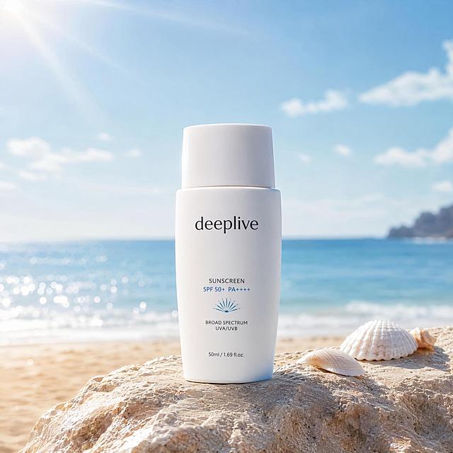 一款名为 deeplive 的防晒霜产品，白色简约瓶身设计，瓶身上印有清晰的"deeplive"品牌字样，高级感护肤品包装，放置在清新的海边沙滩场景中，阳光明媚，有柔和的光晕效果，背景是蓝色的大海和天空，整体风格清新自然，突出防晒产品的清爽和防护感，商业产品摄影，高清质感，柔和光线