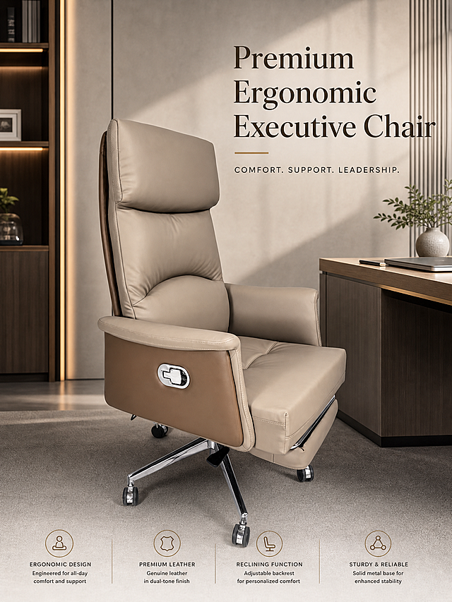 老板椅整体展示图，英文介绍文字 "Premium Ergonomic Executive Chair"，突出老板椅整体设计，卡其拼色真皮搭配金属底座，放置干净商务背景，保留产品原有配色和造型，添加清晰英文介绍，风格专业