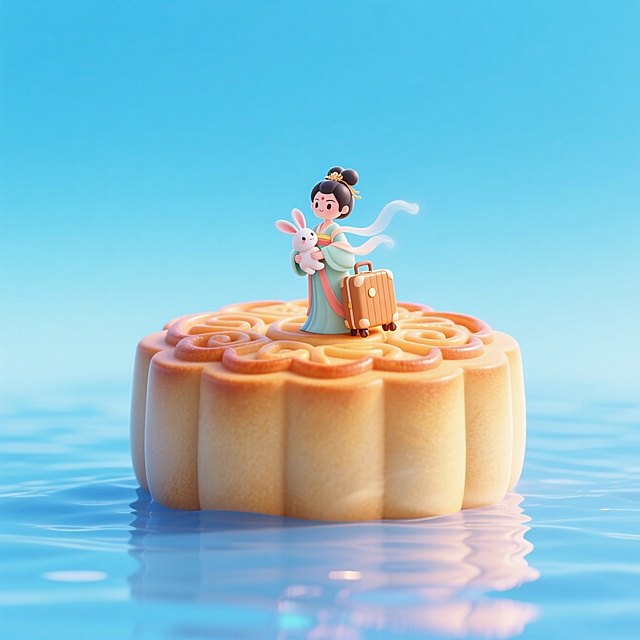 一块巨大的月饼上的正中间是微缩的仙气飘飘的嫦娥（一手抱着玉兔，一手托着行李箱）。月饼放置在波光粼粼的湖面上的特写，干净且柔和的纯色蓝色渐变背景，辉光效果，色调明快