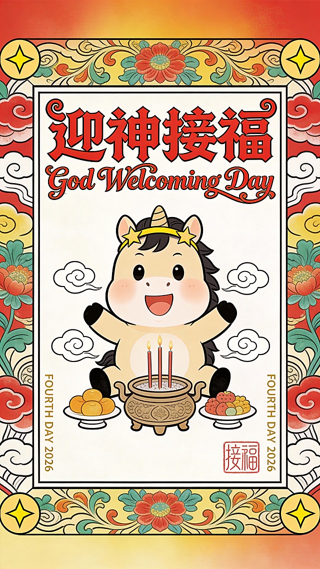 画面顶部横向排列书法笔触 + 几何切割艺术字体的纯红色中文 “迎神接福”，字体笔画末端做圆润卷曲处理，下方配缠绕式艺术花体英文 “God Welcoming Day”，英文字母与中文笔画交织，构成视觉主标题；画面底部两侧各竖排一列微小的金色无衬线英文 “FOURTH DAY 2026”，视觉中心右下角盖一枚极简线条的浅红色“接福” 印章。画面核心主体是奶咖色 Q 版卡通小马，它戴着黄星星发箍，开心做夸张动作，面前摆放着香炉和供品；供品周围环绕 3 个扁平化白色线条祥云，画面四角各点缀 1 个迷你黄色星星符号。背景是红色到黄白从上到下的柔和渐变，整体采用对称式居中布局，上下留白突出迎神庄重场景。