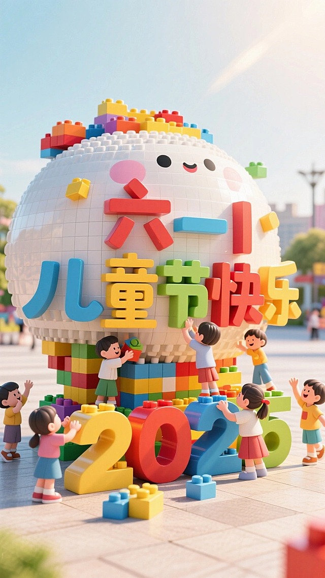 创意文字设计，淡色背景，在干净的广场里，由乐高积木拼搭出的巨大的文字“六一儿童节快乐”雕塑，文字由五颜六色的微小的乐高积木拼接而成，立体。还有小字“2025”也是又微小的乐高积木拼接。一群中国小朋友正在给雕塑添加乐高积木，还有一些在旁边看着、欢呼着。文字很大，用了几百块乐高积木。阳光照在文字上，塑料的反光明显。