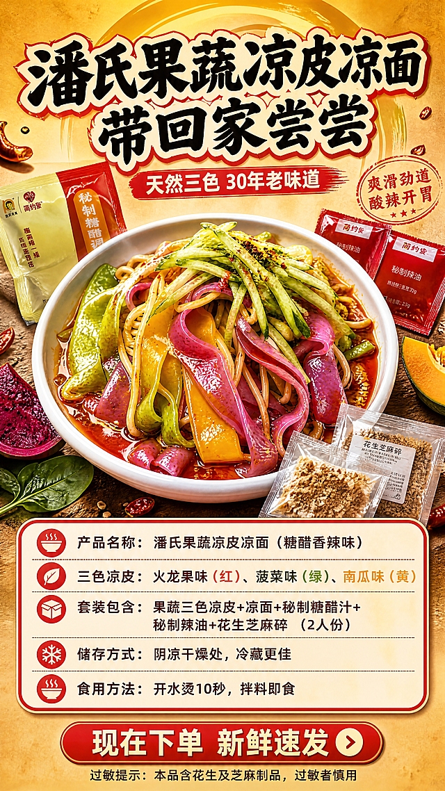 [商品] 使用【图1】三色果蔬凉皮凉面成品碗作为主展示，搭配【图3】料包元素；保留火龙果（红）、菠菜（绿）、南瓜（黄）三色凉皮的真实颜色与形态；保留【图3】料包的真实包装外观；商品处理：三色凉皮色泽鲜亮、层次分明，成品碗干净有食欲。
[画面] 页面目标：规格信息+收尾转化，告知产品参数并引导下单；构图骨架：上成品碗+下规格表，顶部大标题，中部三色成品碗占上半部分，下半部分信息卡展示规格与配料；主体占画面60%；景别：上半部分中景成品碗，下半部分信息卡；阅读动线：从上到下；前中后景：前景信息卡、中景三色凉皮碗、后景暖黄渐变+浅木纹。
[视觉] 套系策略：风格=国潮市井风+老字号烟火气，暖金黄色高食欲商业摄影；标题字=粗黑体带毛笔笔触，醒目有力带红描边；正文字=圆润无衬线体，移动端清晰可读；主色=暖金黄色；背景延展=暖金黄做深浅径向渐变、同色圆环层次、细腻木纹/纸张质感；强调色=正红色，用于标签、图标、引线和底纹；标题色=黑色字+米白描边+红底衬；正文色=深棕褐色；组件=圆角红底白字胶囊标签、爆炸贴卖点框、细线引线、圆形印章标；光影=左前侧暖柔光，凉皮表面有高光，碗边有投影，整体温暖明亮有食欲。
[文字] 顶部主标题'潘氏果蔬凉皮凉面 带回家尝尝'，副标题'天然三色 30年老味道'；下半部分米白底圆角信息卡内分栏：'产品名称：潘氏果蔬凉皮凉面（糖醋香辣味）''三色凉皮：火龙果味（红）、菠菜味（绿）、南瓜味（黄）''套装包含：果蔬三色凉皮+凉面+秘制糖醋汁+秘制辣油+花生芝麻碎（2人份）''储存方式：阴凉干燥处，冷藏更佳''食用方法：开水烫10秒，拌料即食'；底部大红色胶囊按钮'现在下单 新鲜速发'；最下方小字'过敏提示：本品含花生及芝麻制品，过敏者慎用'；文字均横排，字号保证手机端可读。
[规格] 图片比例9:16竖版，4K分辨率，负向提示：避免冷蓝/冷灰背景、凉皮颜色失真、文字过小、蚂蚁字、错字、模糊、水印、二维码、绝对化用语、虚假承诺。