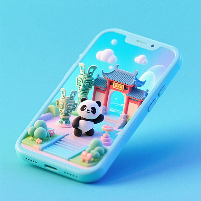 一个手机创意微缩场景，手机平放，侧面对着观众，手机俯视角度，立体的成都景观从屏幕内出来，有熊猫，三星堆，武侯祠，整体色调立体魔幻。青色背景。具有梦幻感,打光营造出柔和氛围强调梦幻和未来感的美学。