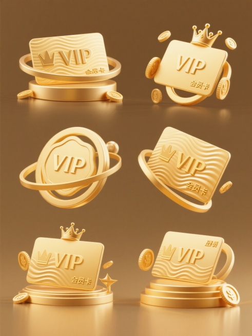 一系列6个金色VIP会员卡的插画设计，保持相同的配色方案和设计风格，每个会员卡采用完全不同的造型和角度，所有元素规整排布在纯色背景上。每个VIP会员卡都有"VIP"字样和皇冠标志，卡片表面有细腻的波浪纹理，周围环绕着金色的圆环和金币元素，整体呈现出高端、奢华的视觉效果，光影过渡自然柔和，具有3D立体感和光泽质感，设计风格统一且富有变化，适合作为系列素材使用。预览效果