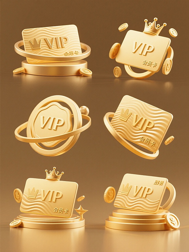 一系列6个金色VIP会员卡的插画设计，保持相同的配色方案和设计风格，每个会员卡采用完全不同的造型和角度，所有元素规整排布在纯色背景上。每个VIP会员卡都有"VIP"字样和皇冠标志，卡片表面有细腻的波浪纹理，周围环绕着金色的圆环和金币元素，整体呈现出高端、奢华的视觉效果，光影过渡自然柔和，具有3D立体感和光泽质感，设计风格统一且富有变化，适合作为系列素材使用。