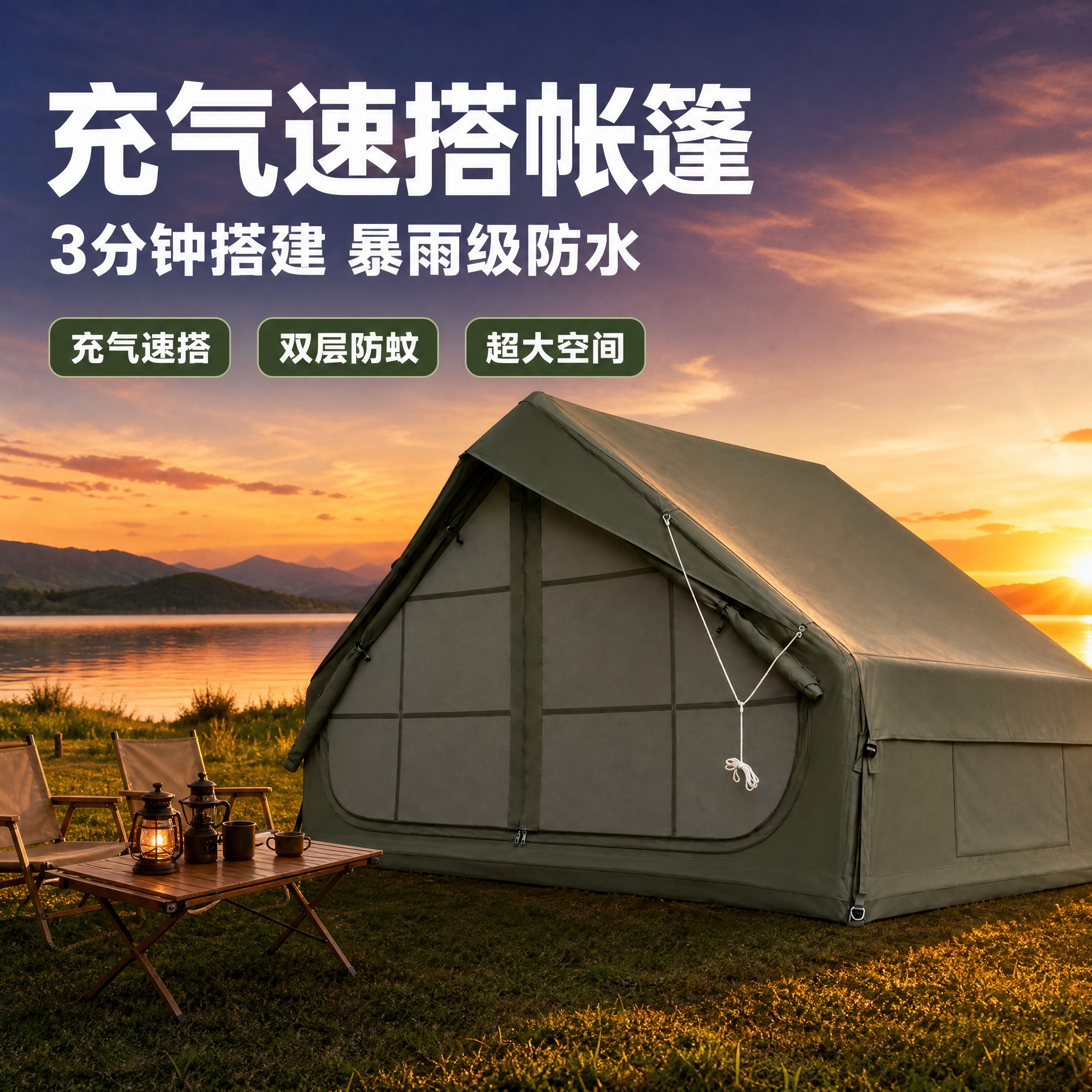 [主图-1] 首图点击率，主题为充气速搭帐篷户外露营场景，突出… - 图片创意预览