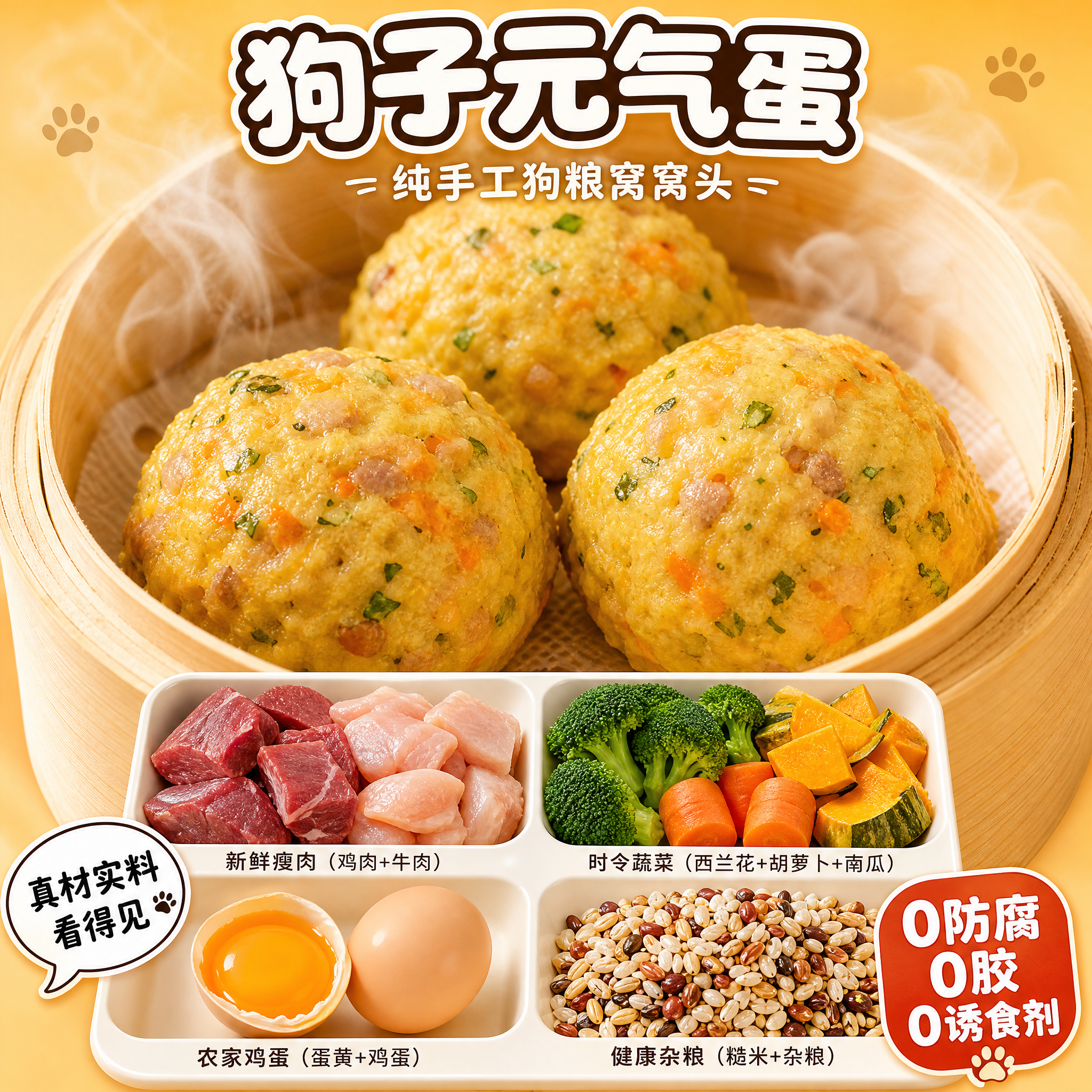 宠物食品食材展示图优化，保持原图的核心表达：成品窝窝头+新鲜原… - 图片创意预览