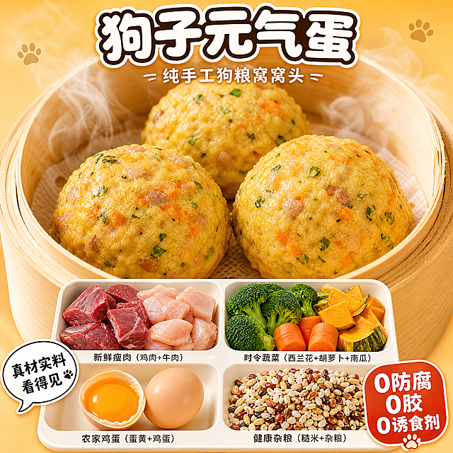 宠物食品食材展示图优化，保持原图的核心表达：成品窝窝头+新鲜原料拼贴，突出真材实料。重新设计排版，更精致更有品质感。

整体布局：上下结构，上方约60%是成品窝窝头大图，下方约40%是分格原料展示。

上半部分：
- 主体：3个金黄色的狗饭窝窝头（元气蛋），放在竹制蒸笼里，窝窝头表面饱满，可见清晰的胡萝卜碎、青菜碎、肉粒等食材颗粒，色泽金黄有食欲，刚蒸好的感觉
- 蒸笼是浅竹色的，有竹编纹理，边缘有蒸汽效果，体现新鲜出炉
- 顶部居中大标题："狗子元气蛋"，字体为圆润粗黑体，白色带浅棕色描边，字号大，醒目可爱
- 标题下方一行小字："纯手工狗粮窝窝头"，白色字体，字号较小

下半部分：
- 一个圆角矩形的分格餐盘，分成4个小格，每格展示一种新鲜原料，食材新鲜饱满有光泽：
  左上格：新鲜瘦肉块（鸡肉+牛肉），颜色鲜红，纹理清晰
  右上格：时令蔬菜（西兰花、胡萝卜、南瓜），颜色鲜亮翠绿
  左下格：蛋黄+鸡蛋，金黄饱满
  右下格：杂粮糙米，健康谷物
- 每个小格下方有小字标签，标注食材名称

装饰元素：
- 左下角一个白色对话气泡标签，黑色文字："真材实料 看得见"
- 右下角一个红色圆角标签，白色文字："0防腐 0胶 0诱食剂"
- 画面角落有小小的狗爪印图标点缀，增加宠物感

背景：温暖的浅橙黄色渐变，干净明亮，没有草莓图案等花哨装饰。

整体风格：温馨、干净、有食欲、有品质感，比原图更精致更专业。配色：暖黄、橙、白、绿、食材本色。

1:1正方形，高清，文字清晰可读。